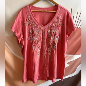 Caite Womens Coral V Neck Tunic Top Size 1X Floral Embroidered Boho